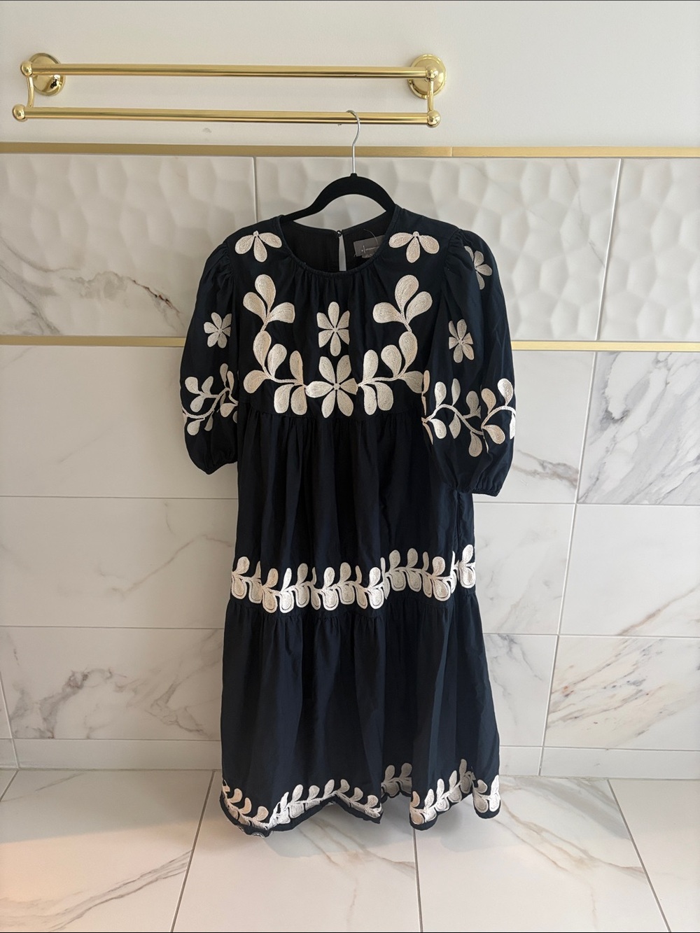Anthropologie Black Midi Dress with White Floral Embroidery